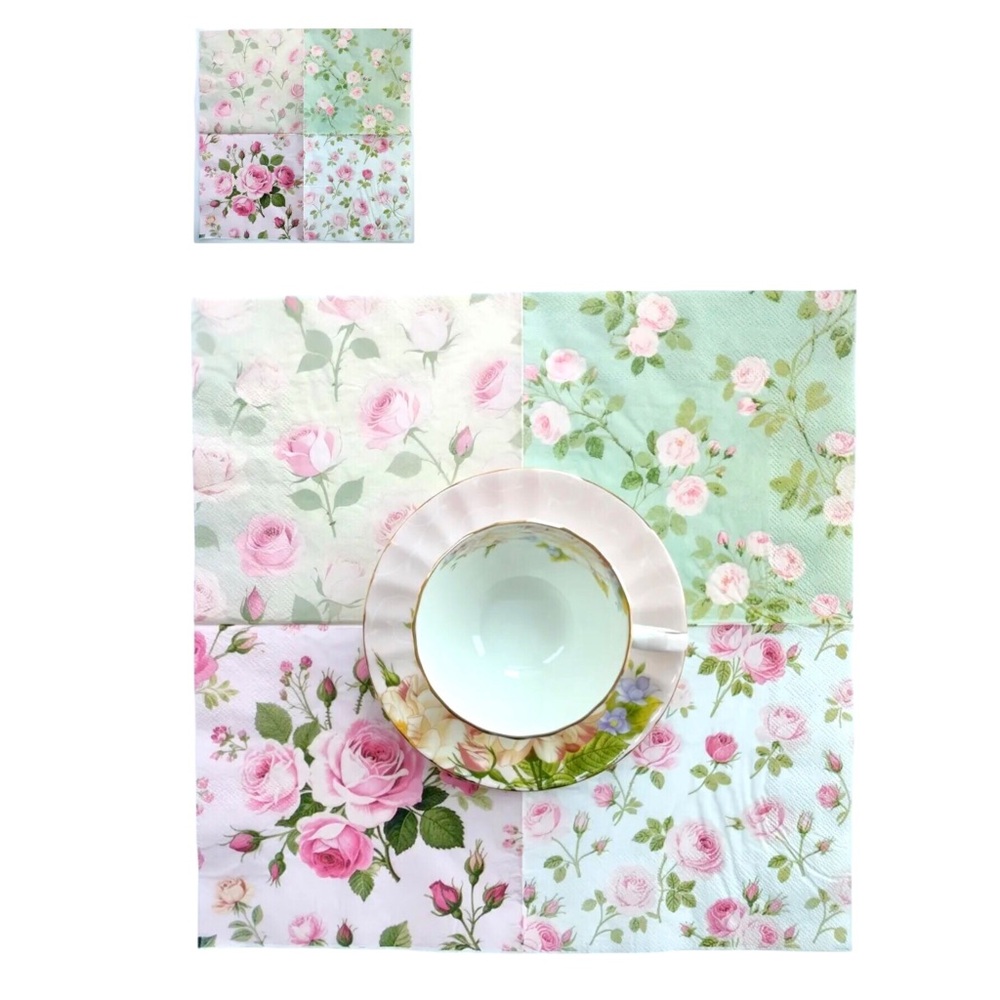 Set of 20 Four Unique Designs of Roses in One Floral Luncheon Napkins